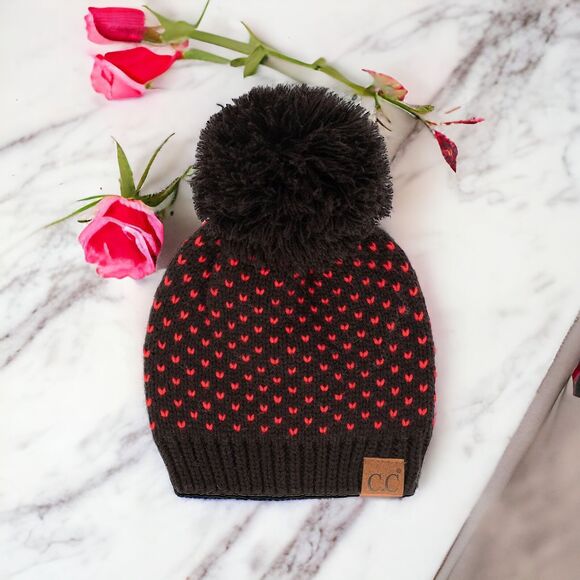 NEW CC Womens Pom Love Hearts Beanie - Valentines Day Gift Womens Winter Hat - Picture 1 of 16
